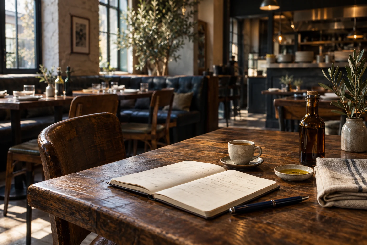 A notebook and coffee on a wooden restaurant table before service.
