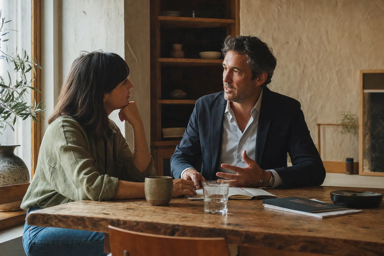 Two people in a thoughtful working conversation across a table