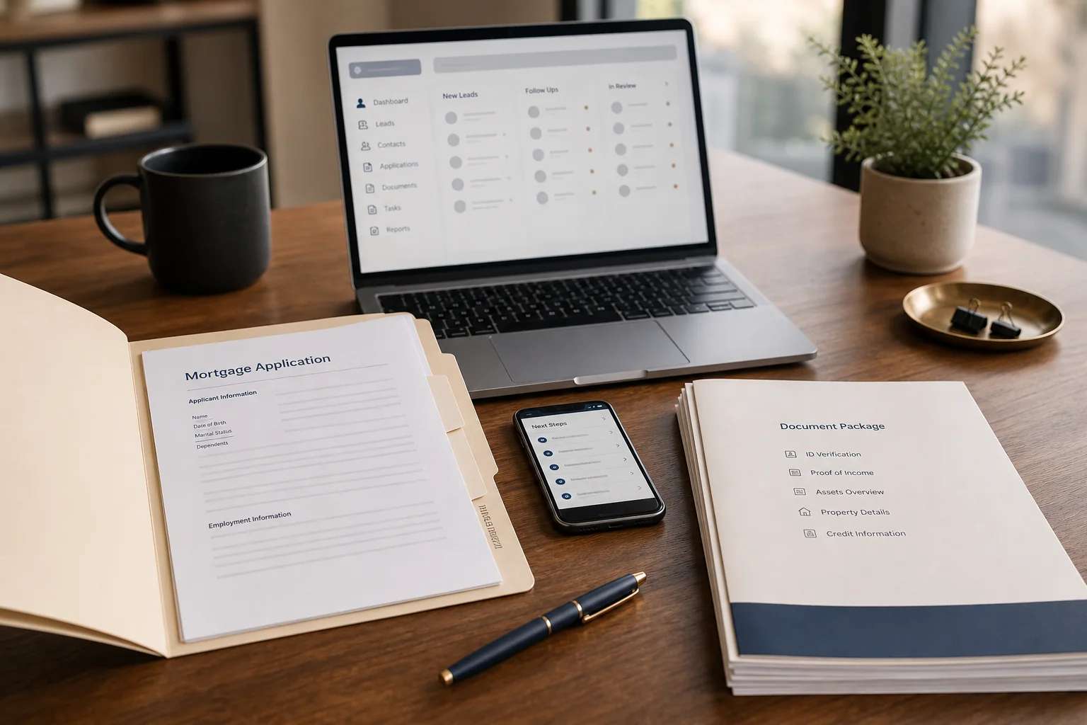 An organized mortgage application, document package and connected lead-management workspace on a broker’s desk