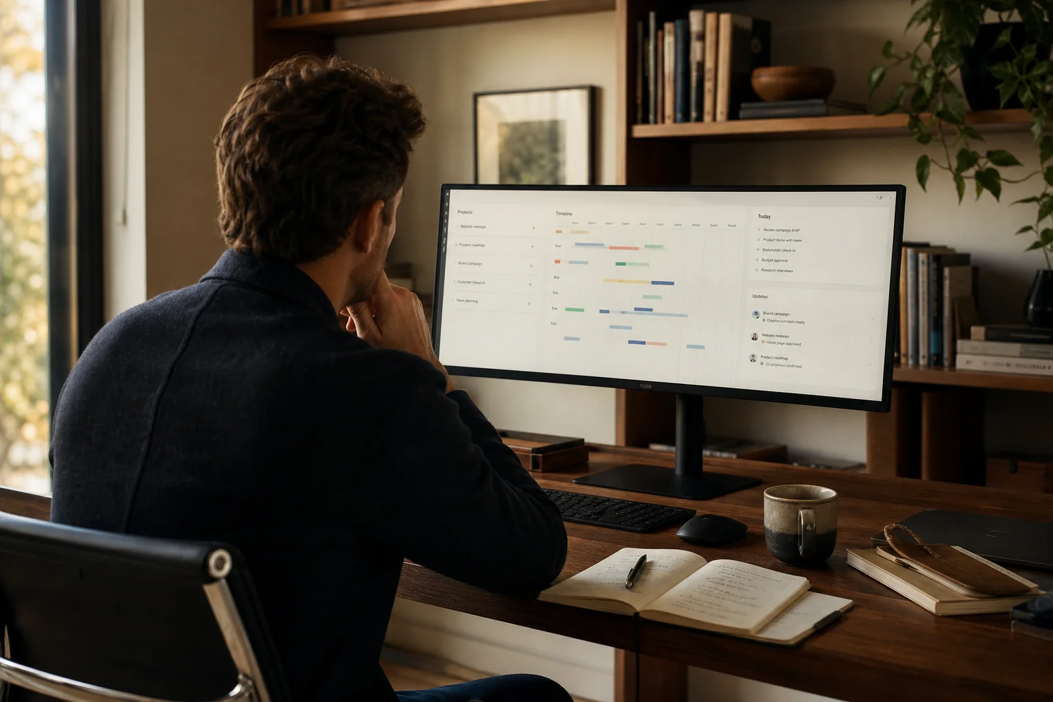 A hands-on founder reviewing projects and decisions from a compact command centre