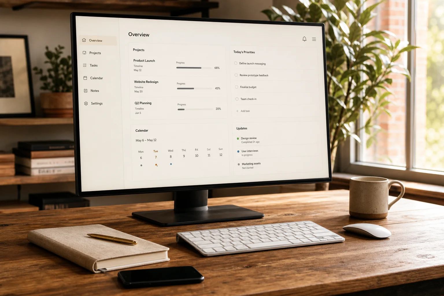 A focused founder’s desktop showing projects, priorities, calendar and updates in one view