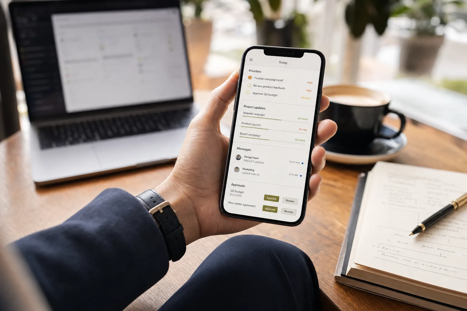 A founder reviewing priorities, project updates and approvals from a phone